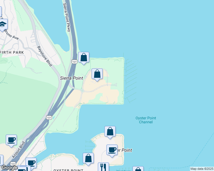 map of restaurants, bars, coffee shops, grocery stores, and more near 2999 Sierra Point Parkway in Brisbane