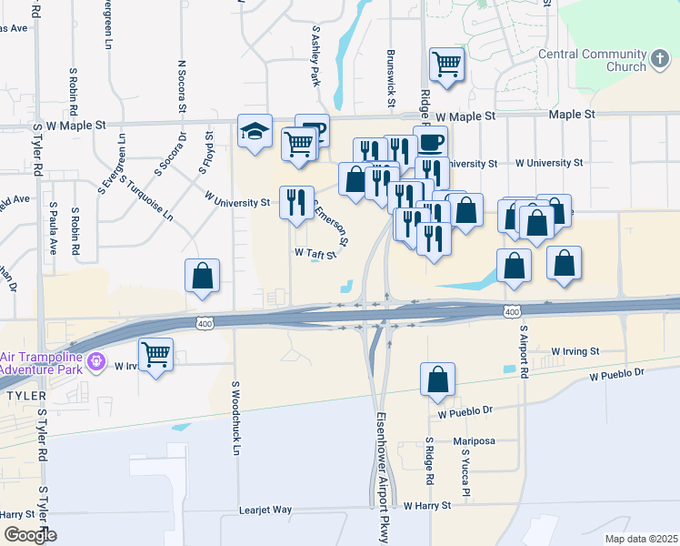 map of restaurants, bars, coffee shops, grocery stores, and more near Eisenhower Airport Parkway in Wichita
