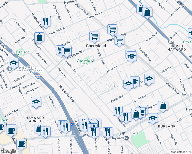 map of restaurants, bars, coffee shops, grocery stores, and more near 21640 Luke Lane in Hayward