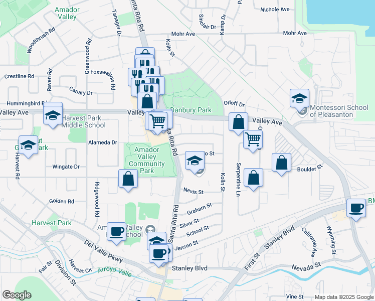 map of restaurants, bars, coffee shops, grocery stores, and more near 4163 Alvarado Street in Pleasanton