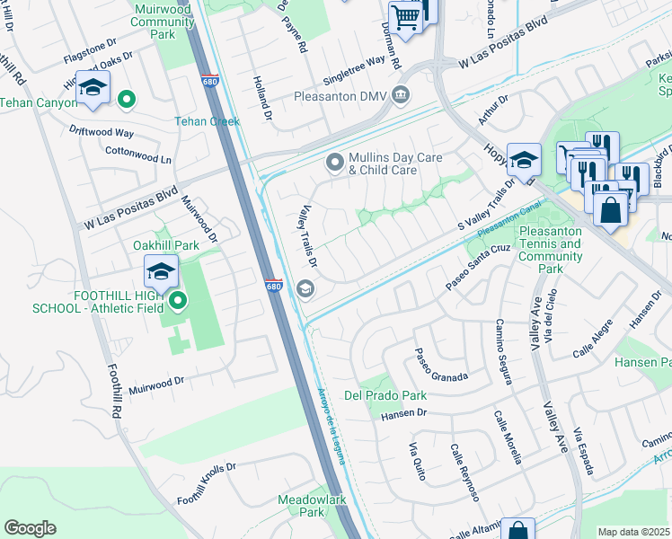 map of restaurants, bars, coffee shops, grocery stores, and more near 7030 Valley Trails Drive in Pleasanton