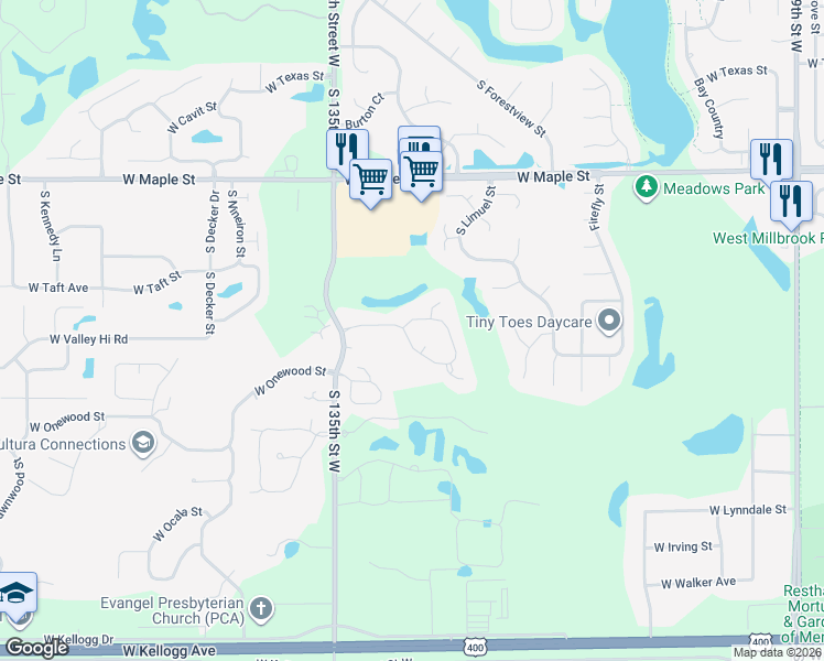 map of restaurants, bars, coffee shops, grocery stores, and more near 13222 West Hayden Street in Wichita