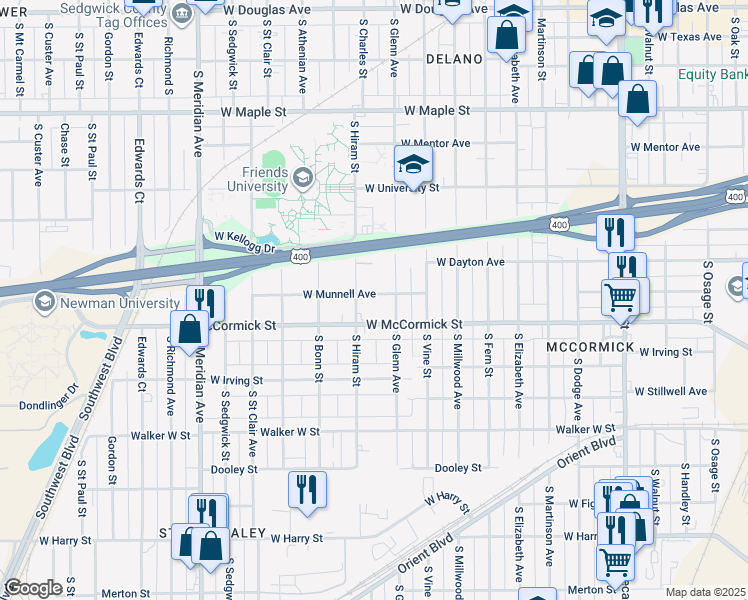 map of restaurants, bars, coffee shops, grocery stores, and more near 1931 Munnell West Street in Wichita