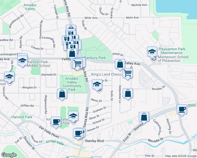 map of restaurants, bars, coffee shops, grocery stores, and more near 4091 Alvarado Street in Pleasanton