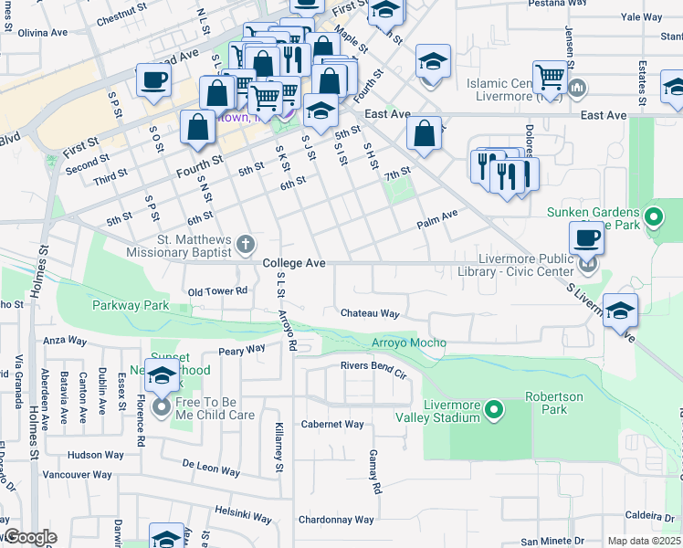 map of restaurants, bars, coffee shops, grocery stores, and more near 1018 Angelica Way in Livermore