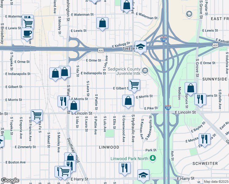 map of restaurants, bars, coffee shops, grocery stores, and more near 1011 Ellis South in Wichita
