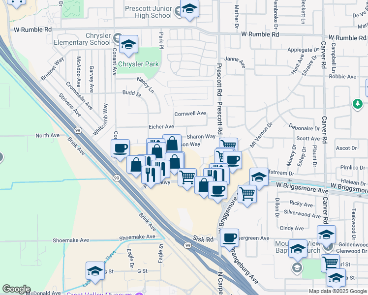 map of restaurants, bars, coffee shops, grocery stores, and more near 2204 Jason Way in Modesto