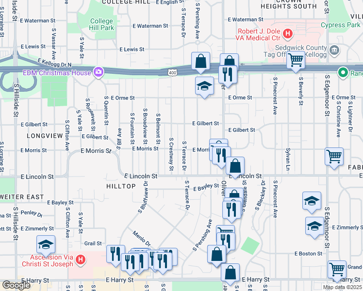 map of restaurants, bars, coffee shops, grocery stores, and more near 745 South Terrace Drive in Wichita