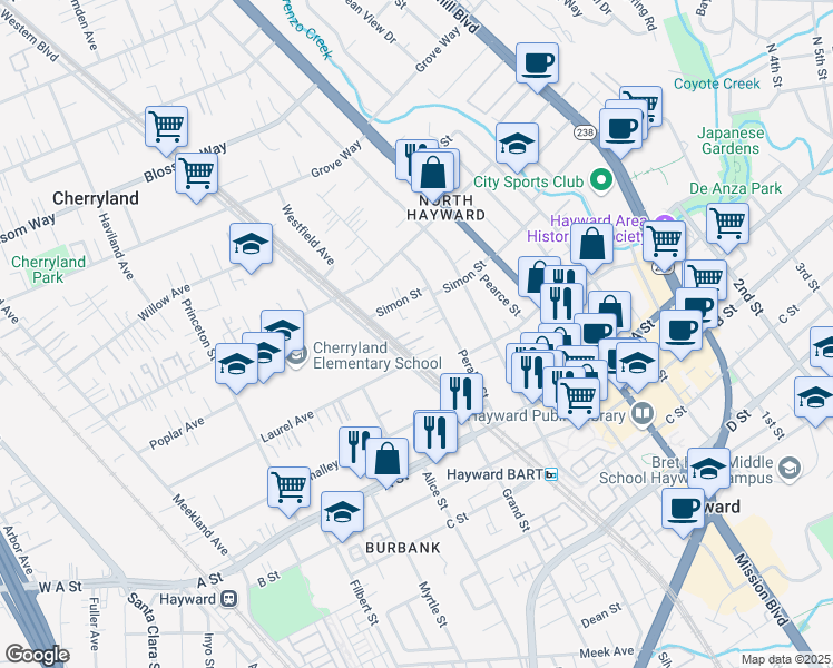 map of restaurants, bars, coffee shops, grocery stores, and more near 22182 Western Boulevard in Hayward