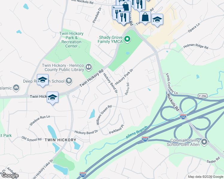 map of restaurants, bars, coffee shops, grocery stores, and more near 5028 Park Commons Loop in Glen Allen