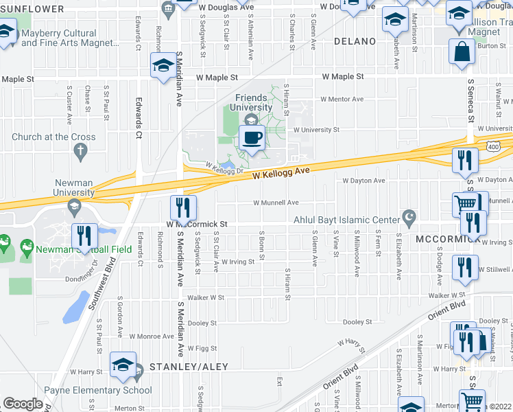 map of restaurants, bars, coffee shops, grocery stores, and more near 803 South Bonn Street in Wichita