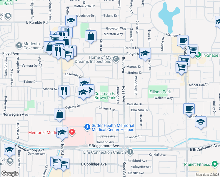 map of restaurants, bars, coffee shops, grocery stores, and more near 2108 Presidio Avenue in Modesto