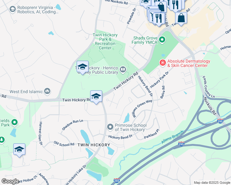 map of restaurants, bars, coffee shops, grocery stores, and more near 5029 Hickory Downs Court in Glen Allen