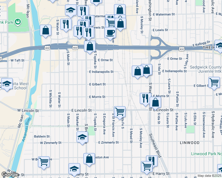 map of restaurants, bars, coffee shops, grocery stores, and more near 1013 Saint Francis in Wichita