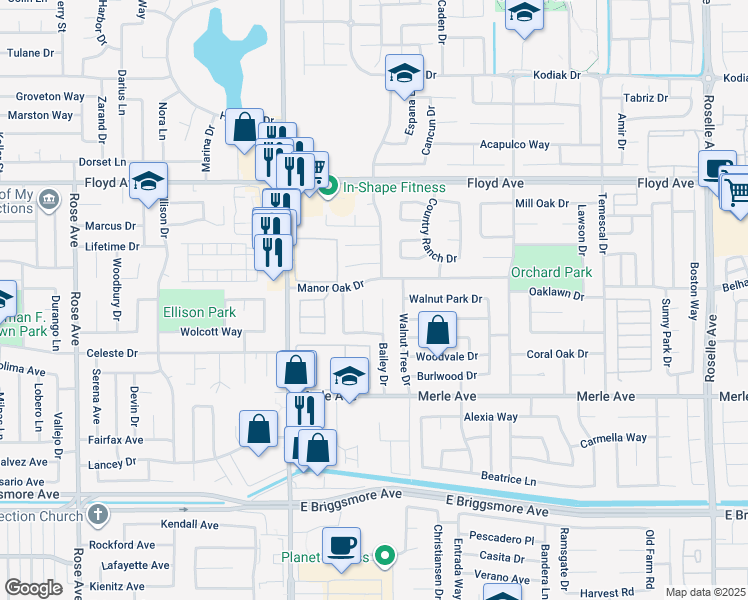 map of restaurants, bars, coffee shops, grocery stores, and more near 2129 Bailey Court in Modesto