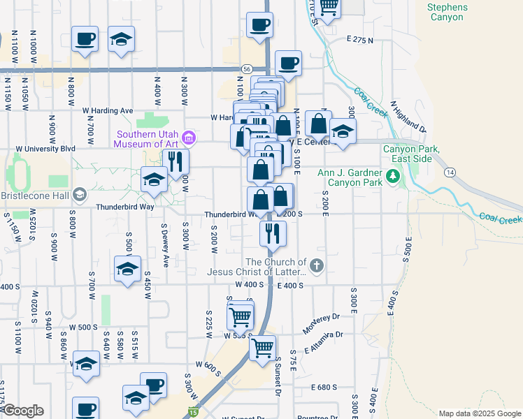 map of restaurants, bars, coffee shops, grocery stores, and more near 190 South Main Street in Cedar City