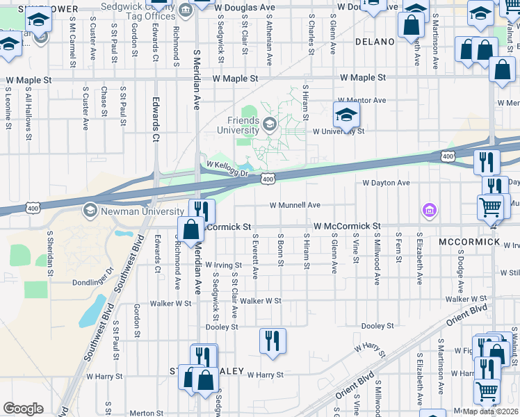 map of restaurants, bars, coffee shops, grocery stores, and more near 802 South Everett Street in Wichita