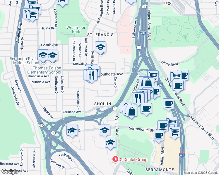 map of restaurants, bars, coffee shops, grocery stores, and more near 82 Belhaven Court in Daly City