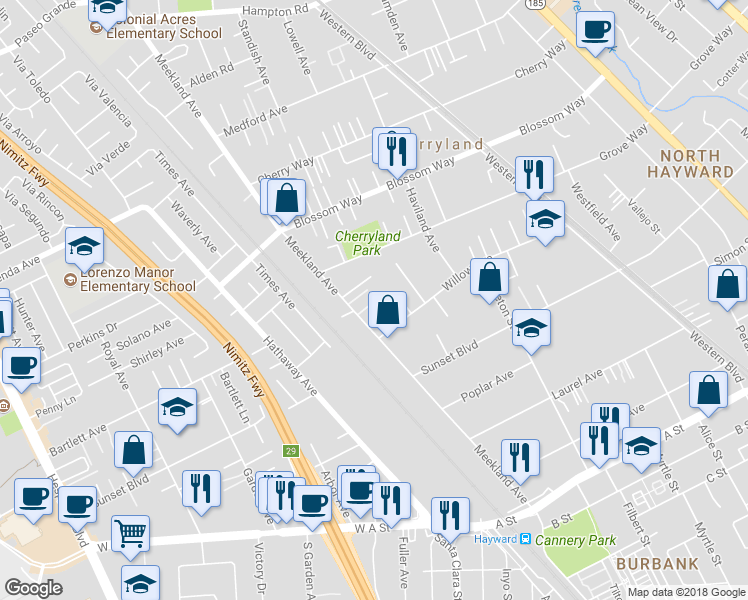 map of restaurants, bars, coffee shops, grocery stores, and more near 21452 Meekland Avenue in Hayward