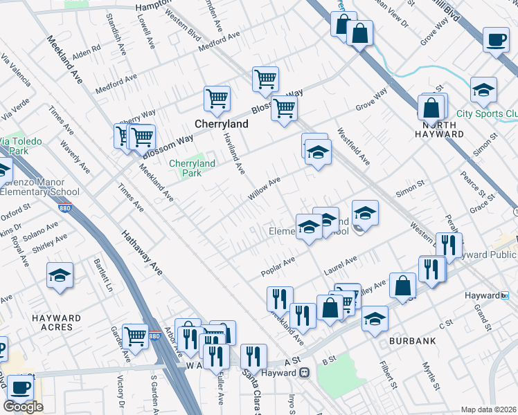 map of restaurants, bars, coffee shops, grocery stores, and more near 347 Willow Avenue in Hayward