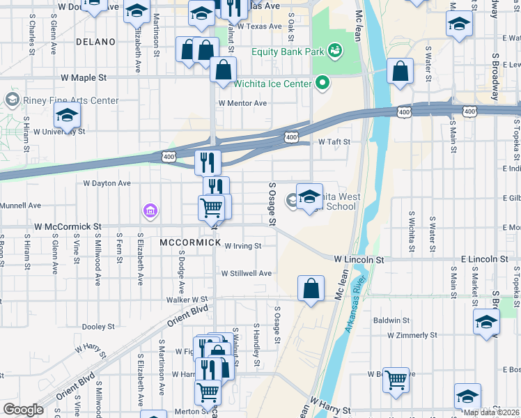 map of restaurants, bars, coffee shops, grocery stores, and more near 815 Munnell West Street in Wichita