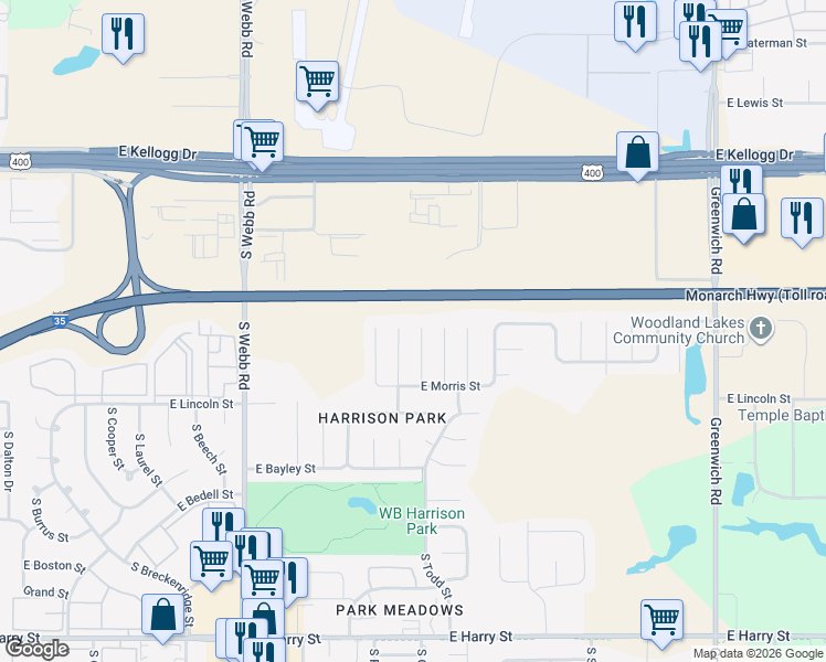 map of restaurants, bars, coffee shops, grocery stores, and more near 709 South Cranbrook Circle in Wichita