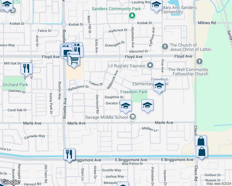 map of restaurants, bars, coffee shops, grocery stores, and more near 2109 Rampart Street in Modesto