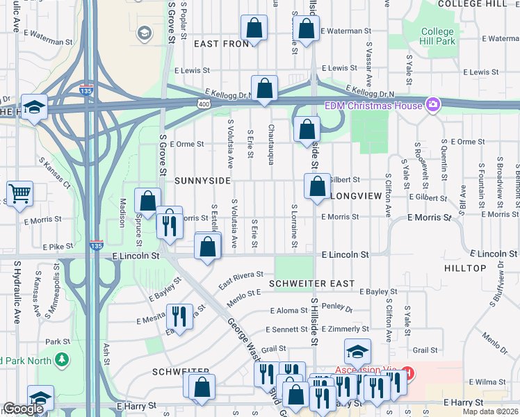 map of restaurants, bars, coffee shops, grocery stores, and more near 752 South Erie Street in Wichita