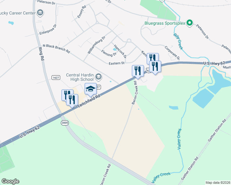 map of restaurants, bars, coffee shops, grocery stores, and more near 2891-3039 Leitchfield Rd in Cecilia