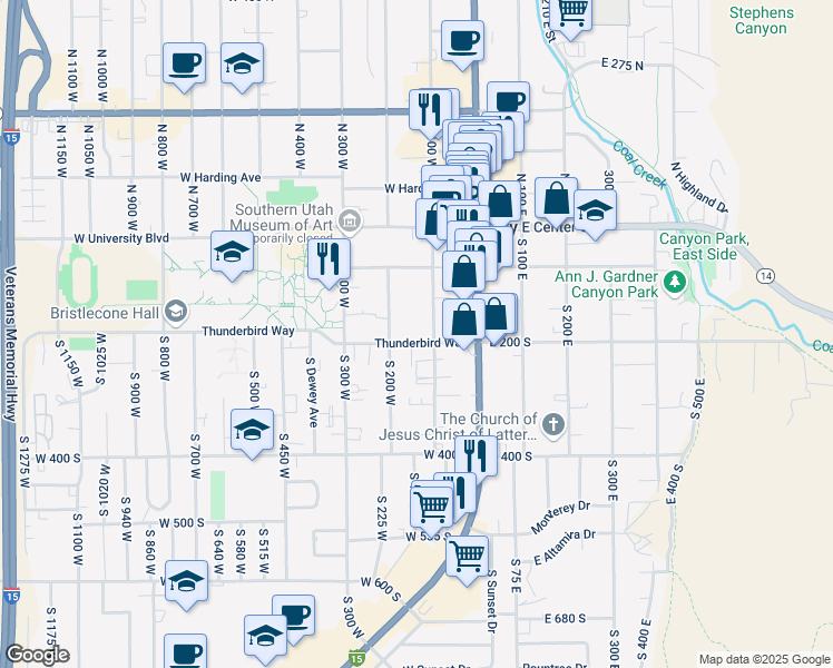 map of restaurants, bars, coffee shops, grocery stores, and more near 140 West 200 South in Cedar City