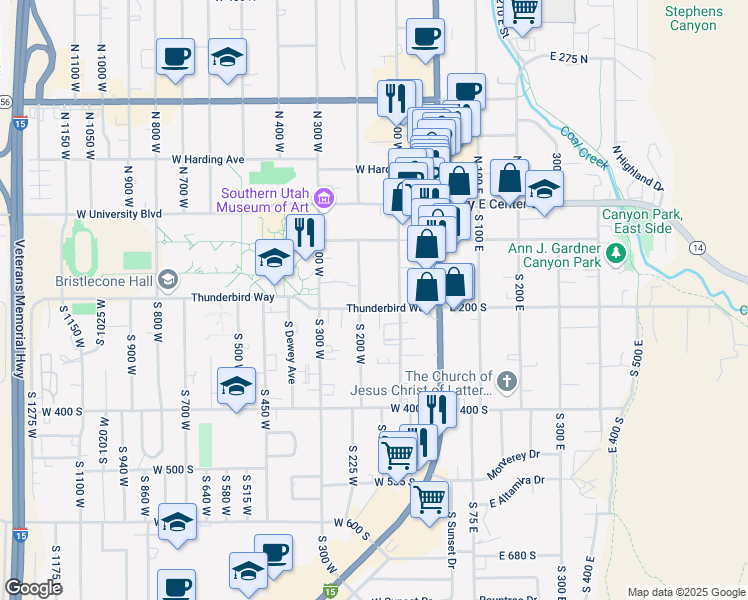 map of restaurants, bars, coffee shops, grocery stores, and more near 140 West 200 South in Cedar City
