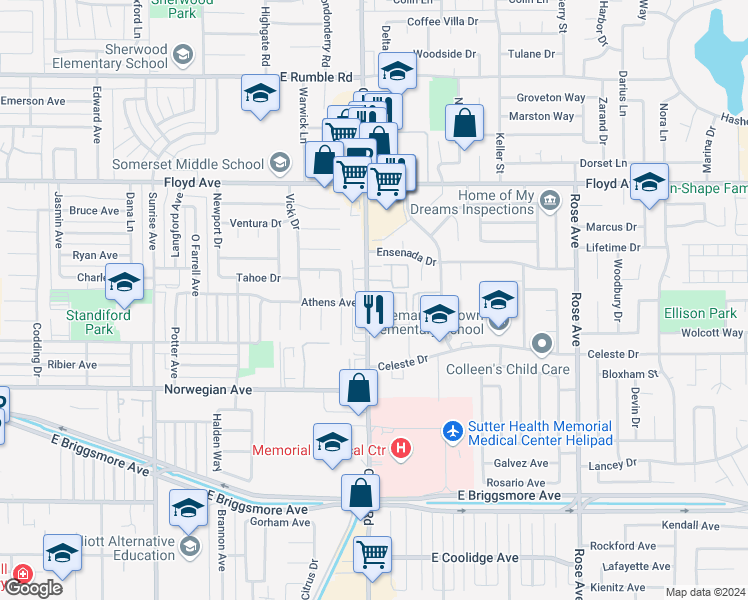 map of restaurants, bars, coffee shops, grocery stores, and more near 2030 Coffee Road in Modesto