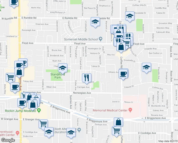 map of restaurants, bars, coffee shops, grocery stores, and more near 2108 Gordon Avenue in Modesto