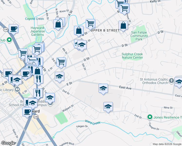 map of restaurants, bars, coffee shops, grocery stores, and more near 1566 E Street in Hayward