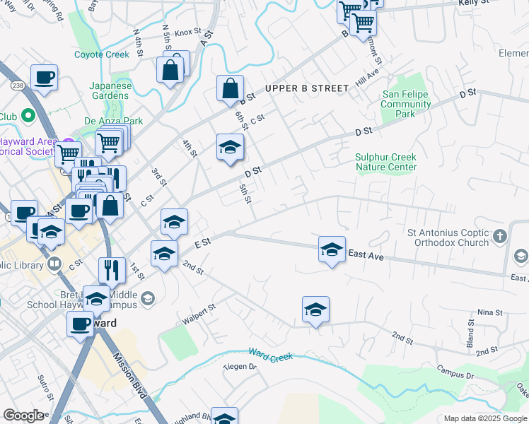 map of restaurants, bars, coffee shops, grocery stores, and more near 1566 E Street in Hayward