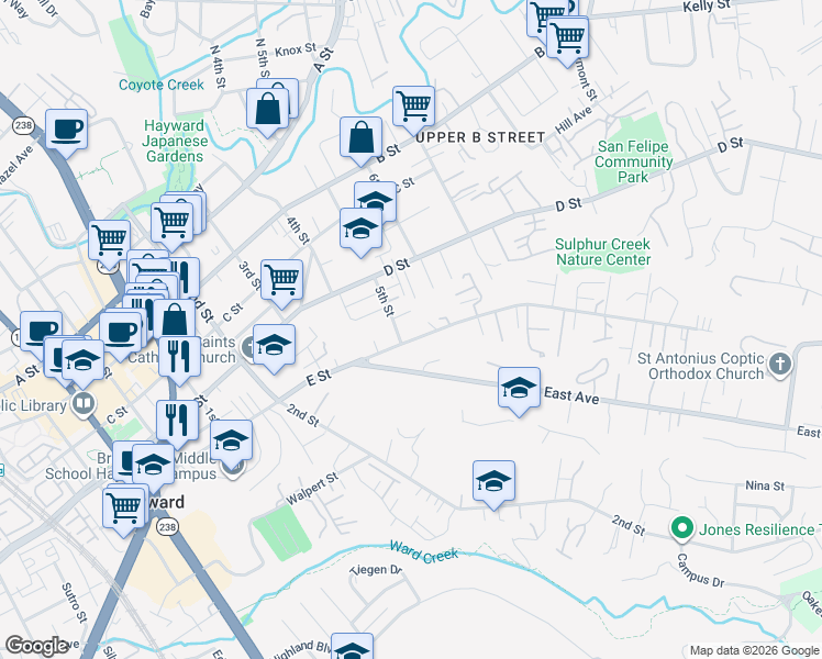 map of restaurants, bars, coffee shops, grocery stores, and more near 22869 5th Street in Hayward