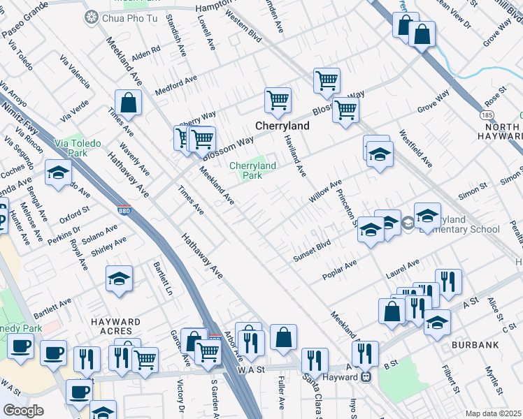 map of restaurants, bars, coffee shops, grocery stores, and more near 21452 Meekland Avenue in Hayward
