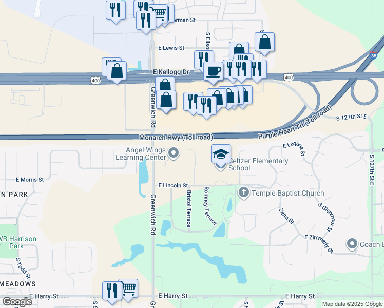 map of restaurants, bars, coffee shops, grocery stores, and more near 715 Bristol Circle in Wichita