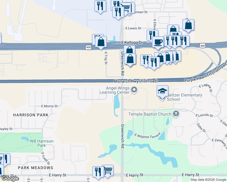 map of restaurants, bars, coffee shops, grocery stores, and more near 712 Deer Haven Court in Wichita