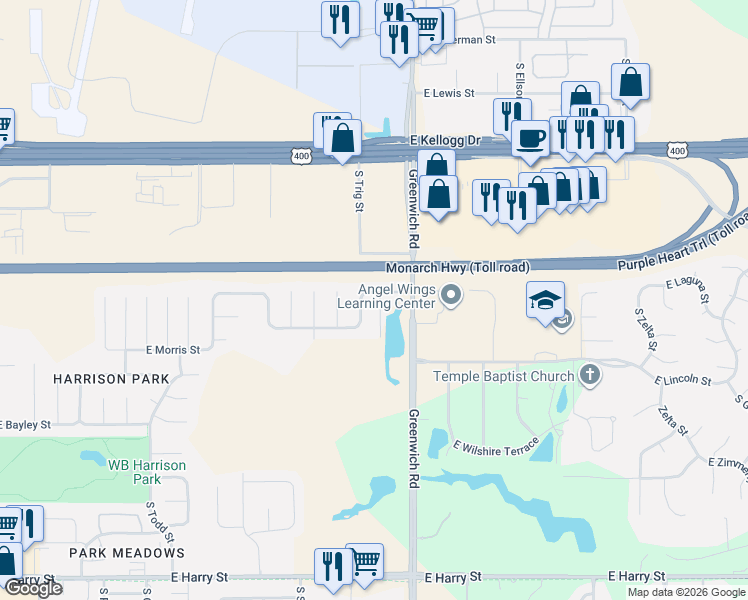 map of restaurants, bars, coffee shops, grocery stores, and more near 714 Deer Haven Court in Wichita