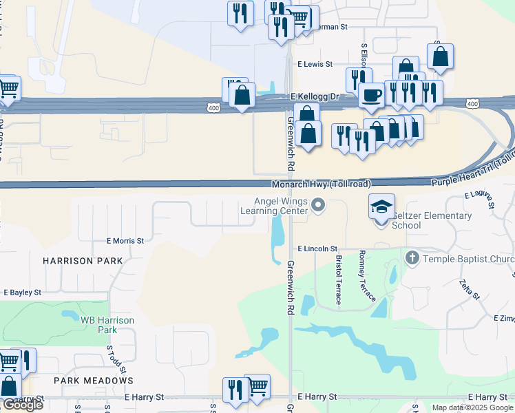 map of restaurants, bars, coffee shops, grocery stores, and more near 11018 East Fawn Grove Street in Wichita
