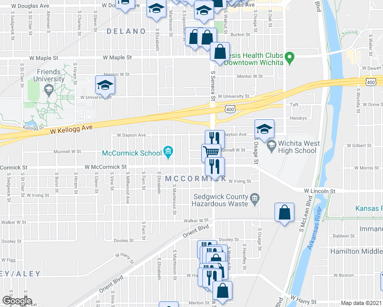map of restaurants, bars, coffee shops, grocery stores, and more near 1141 Munnell West Street in Wichita
