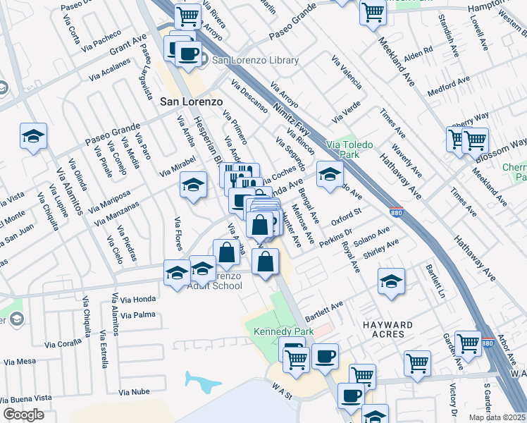 map of restaurants, bars, coffee shops, grocery stores, and more near 17965 Robscott Avenue in Hayward