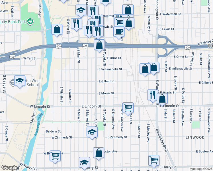 map of restaurants, bars, coffee shops, grocery stores, and more near 1014 South Topeka Street in Wichita
