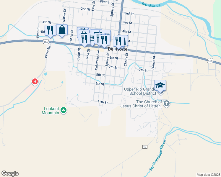 map of restaurants, bars, coffee shops, grocery stores, and more near 925 Oak Street in Del Norte
