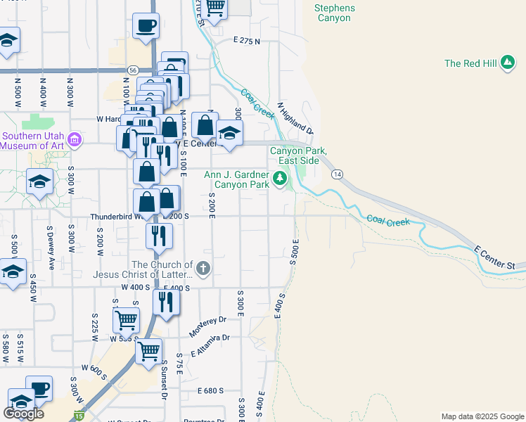 map of restaurants, bars, coffee shops, grocery stores, and more near 389 East 200 South in Cedar City