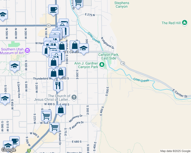 map of restaurants, bars, coffee shops, grocery stores, and more near 389 East 200 South in Cedar City