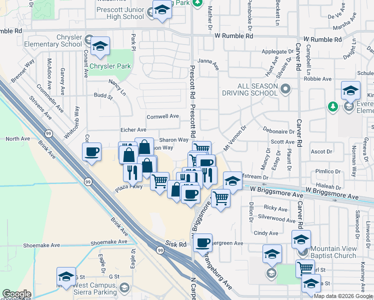 map of restaurants, bars, coffee shops, grocery stores, and more near 2101 Prescott Road in Modesto