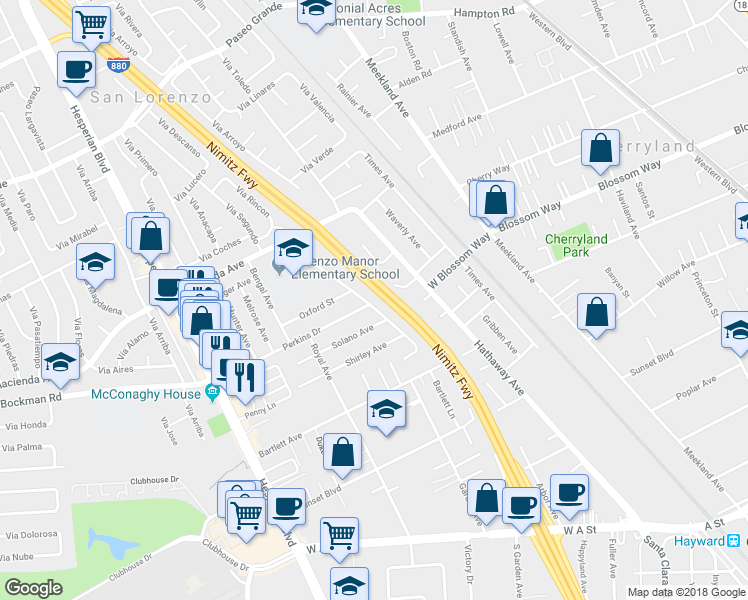 map of restaurants, bars, coffee shops, grocery stores, and more near 19502 Ricardo Avenue in Hayward