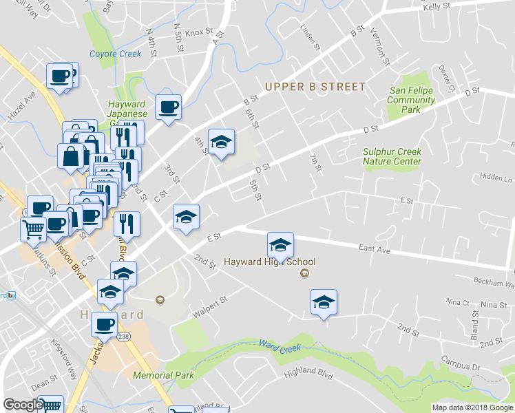 map of restaurants, bars, coffee shops, grocery stores, and more near 22869 5th Street in Hayward